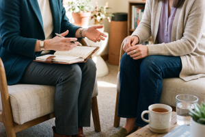 Life Coaching | Empower Me Hub Two people sit in a cozy office; one takes notes in an open notebook while the other listens with hands resting nearby.