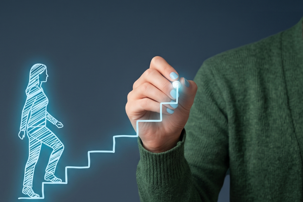 Glow-outline woman walking up a glowing, hand-drawn staircase that rises beside her.